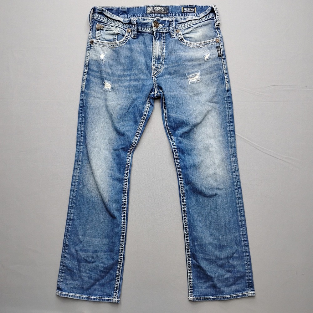 Silver Jeans Co Zac Relaxed Fit Straight Leg Jeans Blue Distressed 33x32